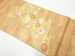 本家加納製　引箔　霞取りに菊・秋草模様織り出し　袋帯